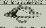 HORIZON's graph screen on the TI-89 Titanium: the black hole's shadow and its disk, drawn in dots