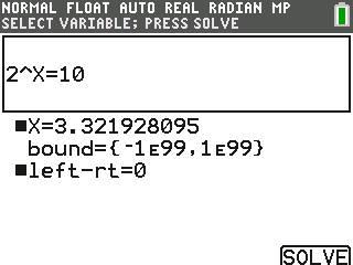 TI-84 Plus CE screen: X = 3.3219…, so 2 to the power 3.32 is 10. The ■ marks the letter it solved; left-rt = 0 means both sides match.