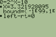 TI-84 Plus screen: X = 3.3219…, so 2 to the power 3.32 is 10. The ■ marks the letter it solved; left-rt = 0 means both sides match.