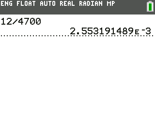 TI-84 Plus CE screen: 2.553…E-3 means 2.55 × 10⁻³ A, which is 2.55 mA. E3 is kilo, E-3 milli, E-6 micro.
