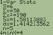 TI-83 Plus screen: x̄ = 6 is the mean and Sx = 1.58 the sample standard deviation. Press ▼ to scroll down to Med, the median.