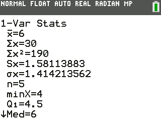 TI-84 Plus CE screen: x̄ = 6 is the mean and Sx = 1.58 the sample standard deviation. Press ▼ to scroll down to Med, the median.