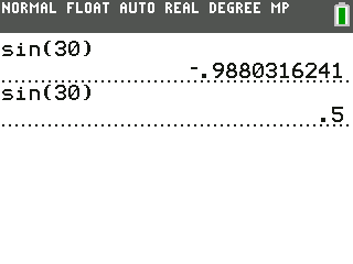 TI-84 Plus CE screen: sin(30) is 0.5 in degrees. Check MODE before every trig test: the status bar at the top shows DEG or RAD.
