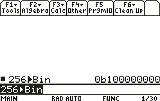 TI-89 Titanium screen: 0b100000000: the 0b means binary. 256 is 2 to the 8th, a 1 and eight 0s. ▶Hex works the same way.