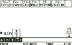 TI-89 Titanium screen: sin(π/3) = √(3)/2, the exact value from the unit circle. ◆ ENTER would give .866025.